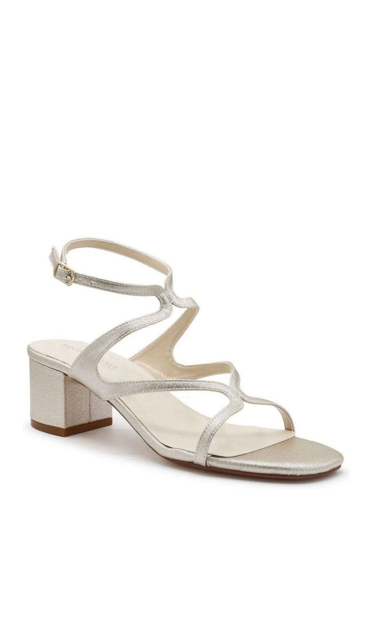 Cora Champagne Prom Shoes: Touch Ups 4723, a champagne-colored block heel sandal with a strappy ankle-strap design.